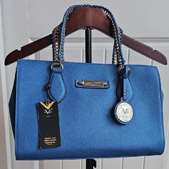 NWT Versace 19v69 Italia Electric Blue Satchel Bag With Crossbody Strap - Picture 5 of 12